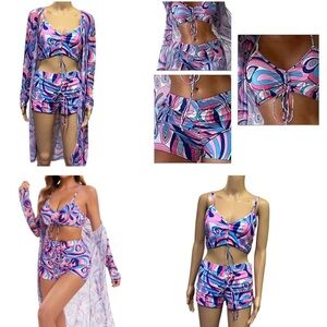3 Piece Swimsuit And Coverup Set High Waist Bikini with Kimono Pink Blue White M